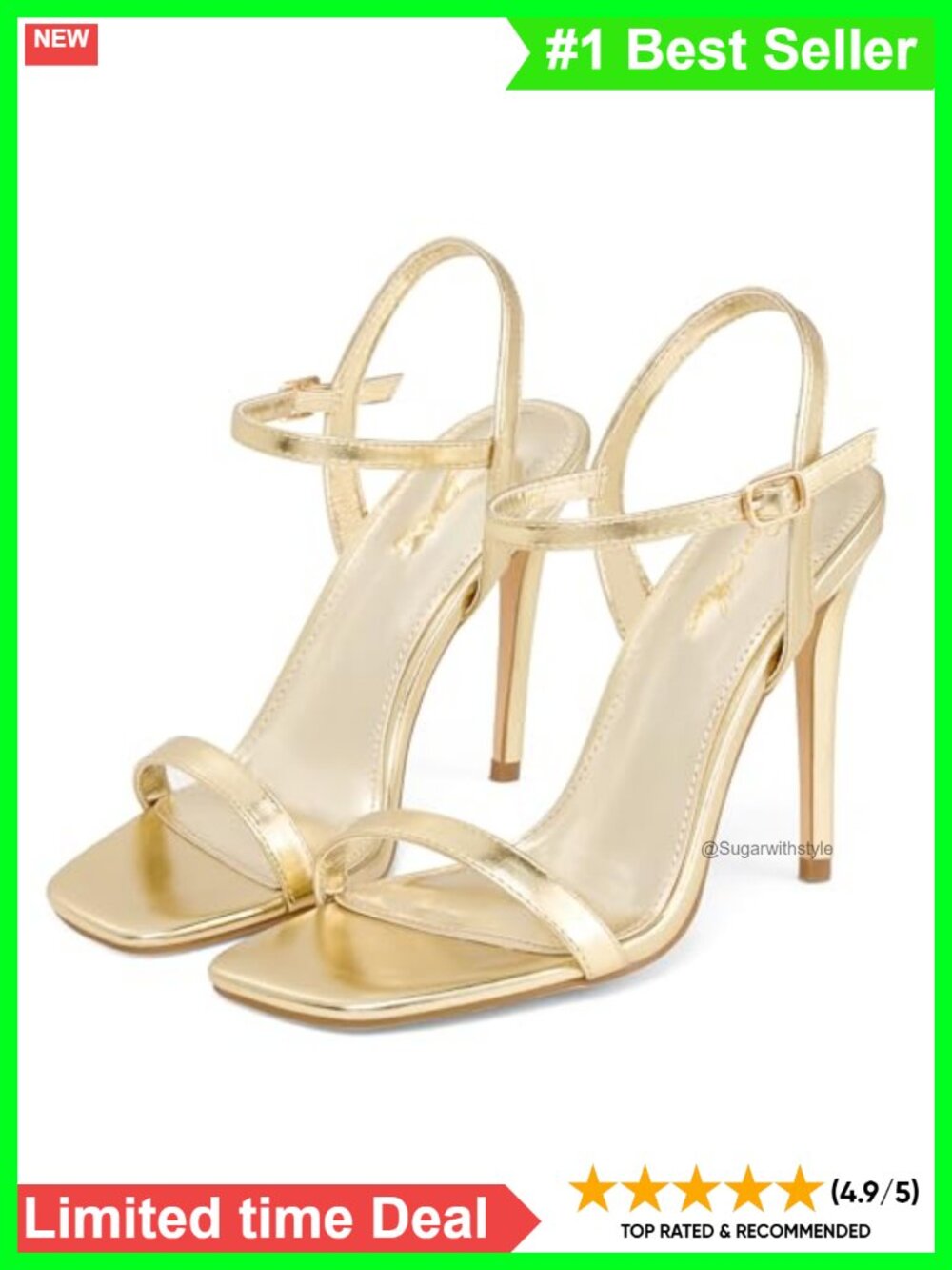 Womens 4 Inch Strappy Slingback Stiletto Heeled Sandals Square Toe Ankle Strap